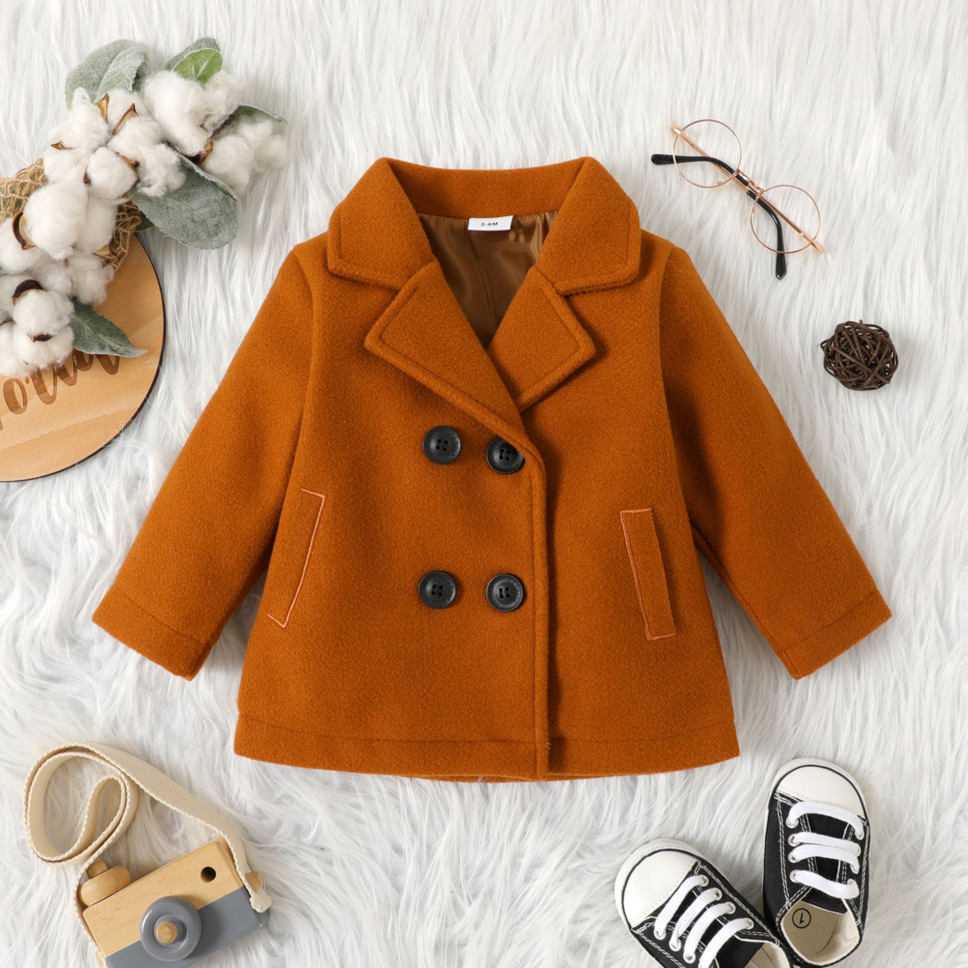 Baby Boy/Girl Solid Lapel Double Breasted Long-sleeve Wool Blend Coat