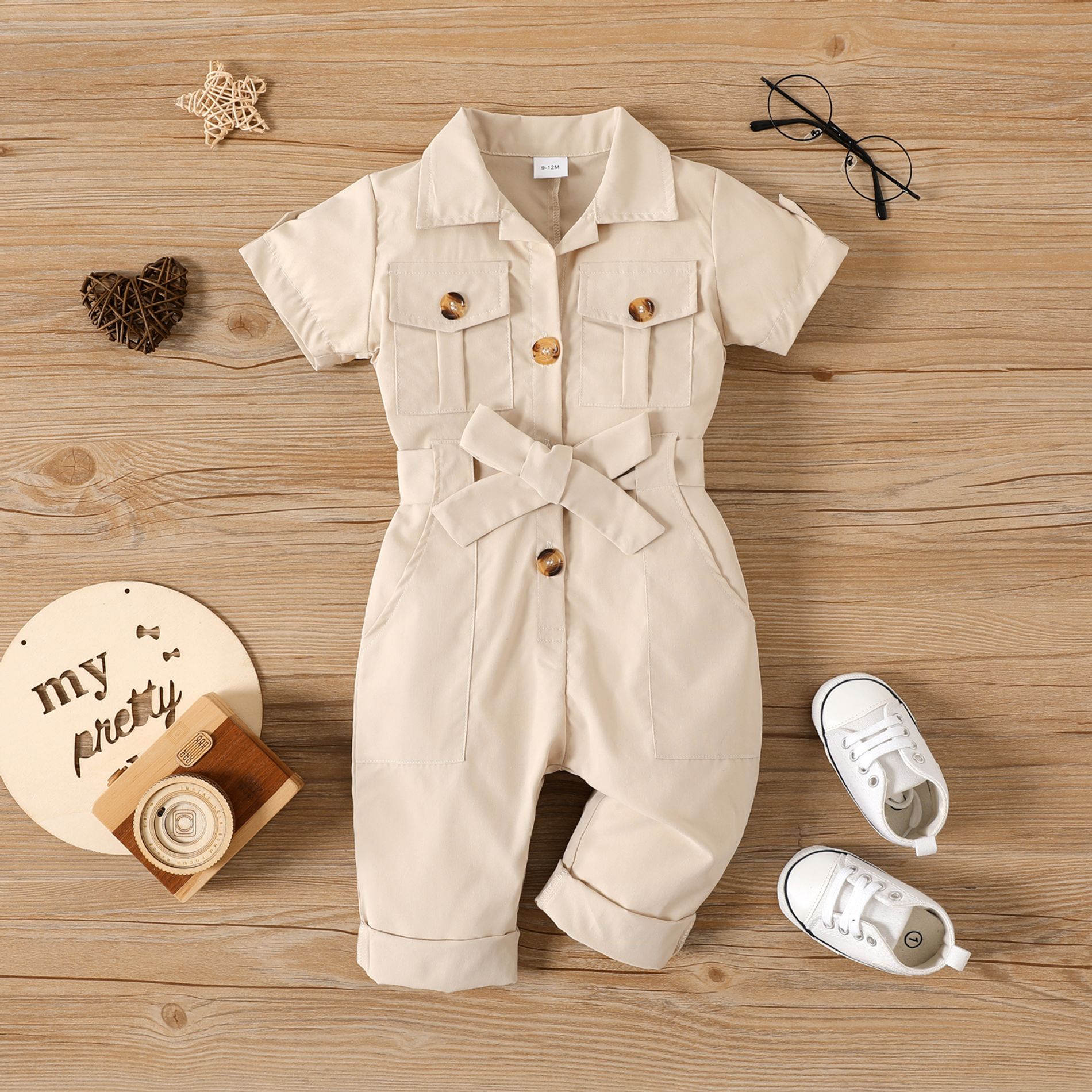 Baby Boy/Girl Button Up Solid Lapel Collar Short-sleeve Belted Jumpsuit