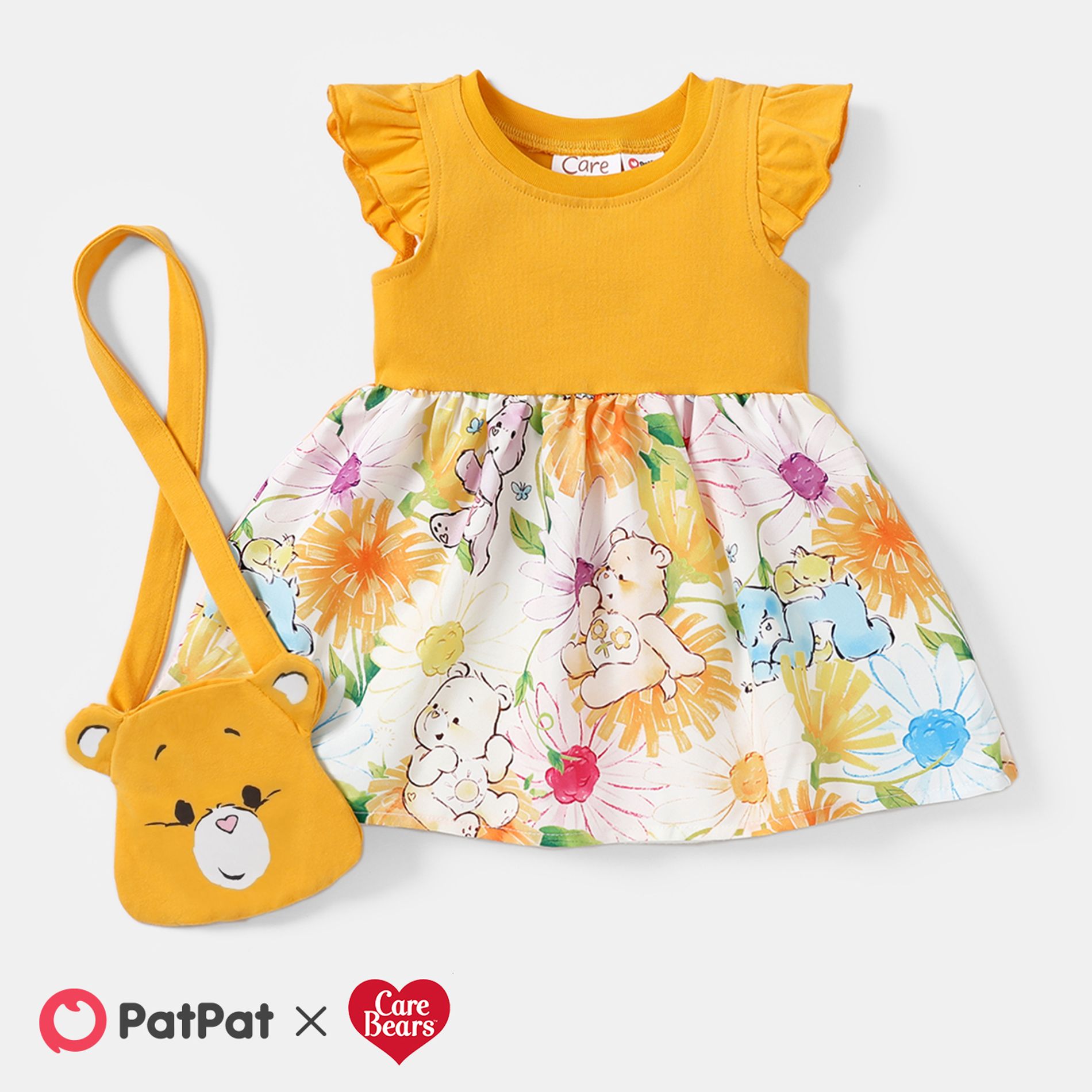 Care Bears 2pcs Baby Girl Solid & Print Spliced Flutter-sleeve Dress with Crossbody Bag Set