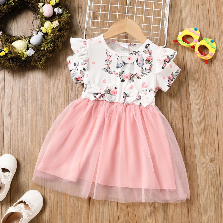 Toddler Kid Baby Girls Easter Dress Short Sleeve Easter Bunny Print Pink Dresses  Clothes 