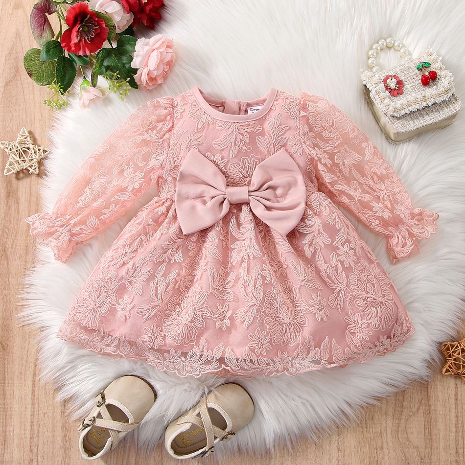 Baby Girl Bow Front Pink Lace Longsleeve Party Dress Only Rp 131.489