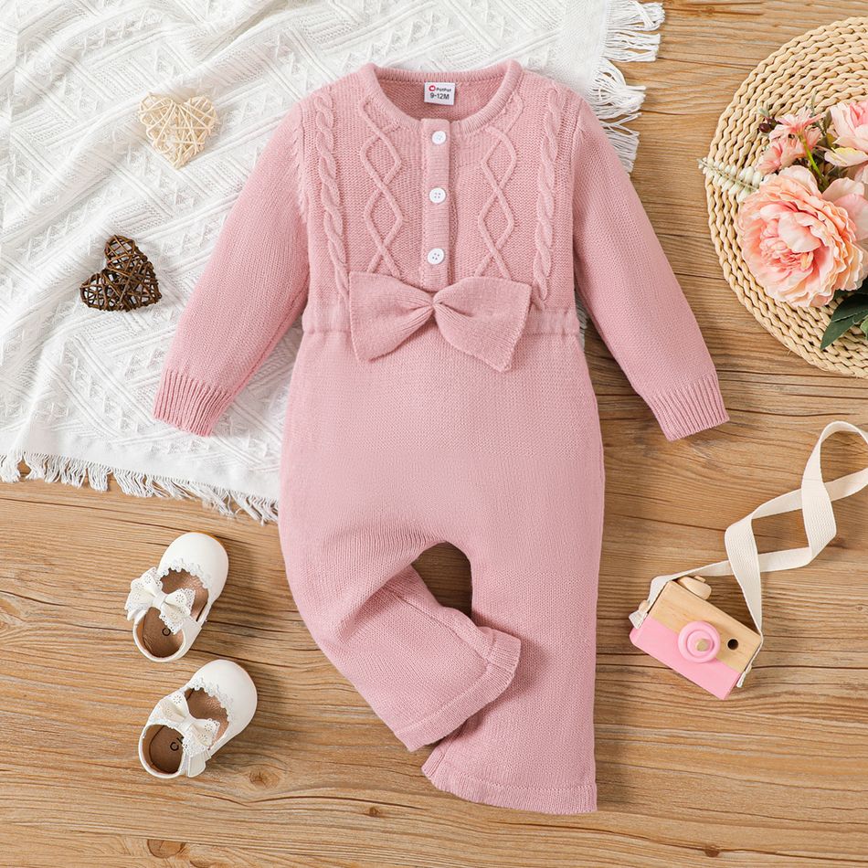 Baby Girl Pink Cable Knit Bow Front Longsleeve Bell Bottom Jumpsuit